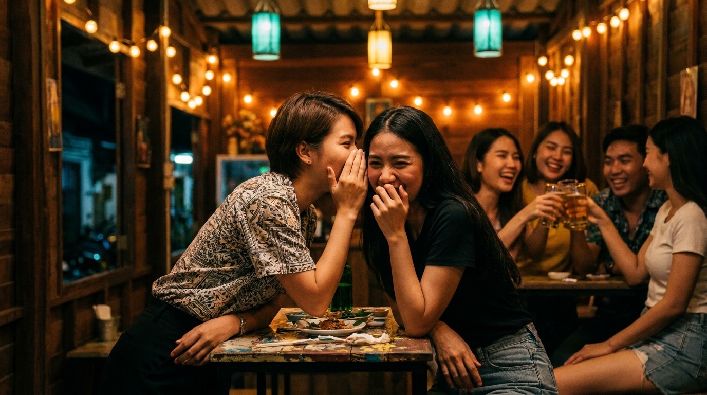เพื่อนสาวกระซิบถามคำถามวัดใจ อีกฝ่ายยิ้มเขินขณะเพื่อนในวงรอฟังคำตอบ