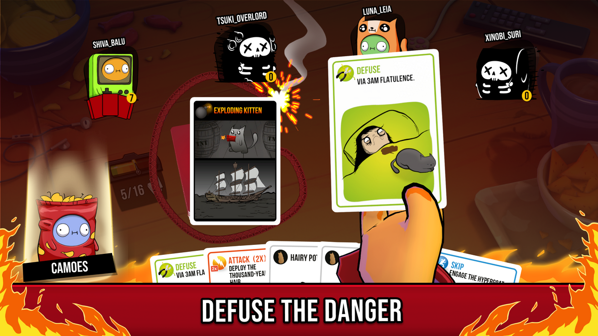 หน้าจอเกมไพ่ Exploding Kittens